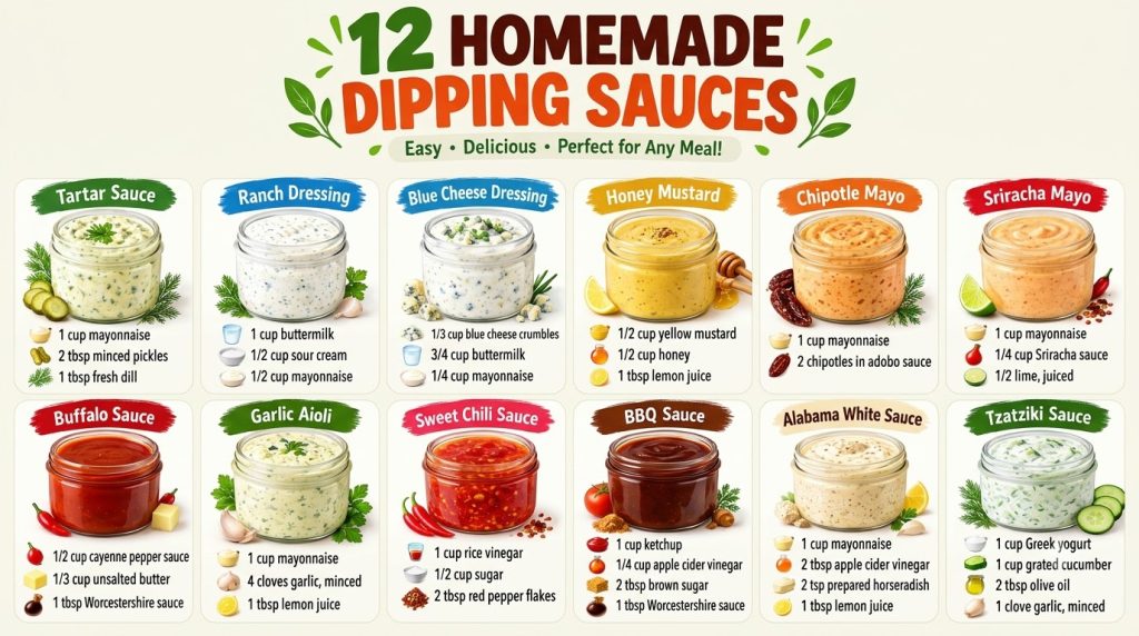 A bright clear infographic showcasing 12 Homemade Dipping Sauces with 12 individual sections each with a glass jar of a 