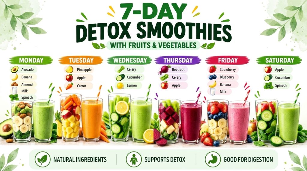 A vibrant infographic displaying a 7-day smoothie plan with ingredients for each day featuring various fruits and vegeta