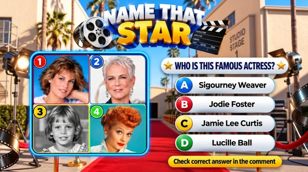 A NAME THAT STAR quiz in a portrait aspect ratio featuring four framed photos of famous actresses against a blurred red 