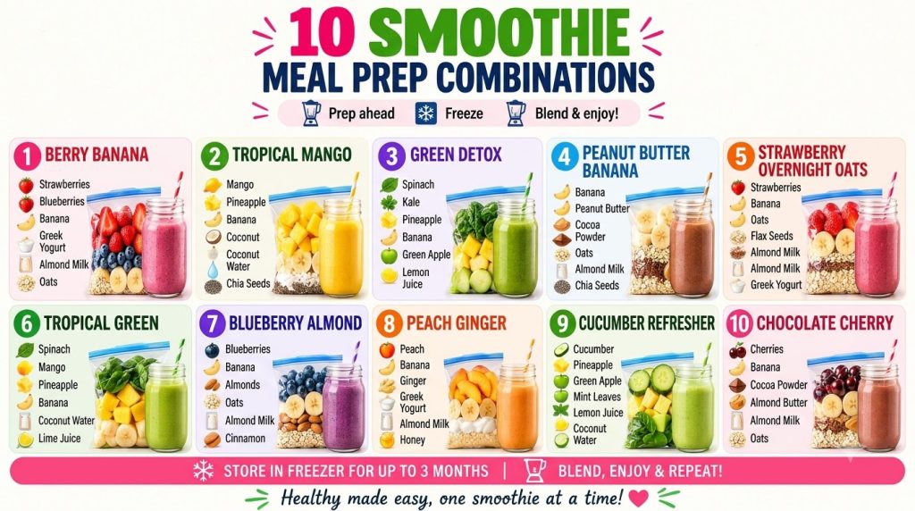 An infographic showing 10 different smoothie meal prep combinations with ingredients in bags and blended smoothies in ja