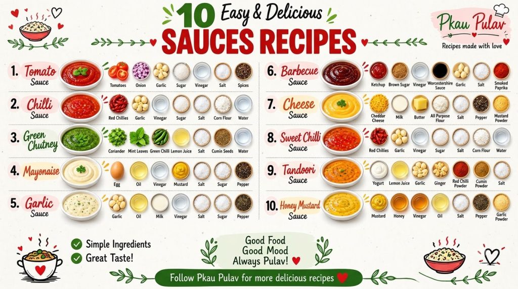 An organized top-down infographic displaying 10 different healthy sauce recipes with their ingredients