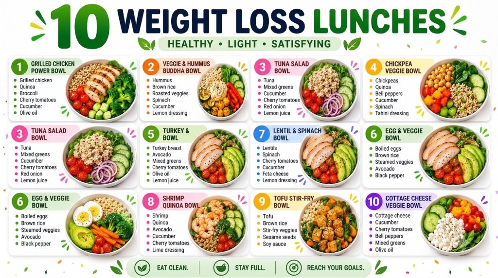 A grid presentation of 10 distinct healthy lunch bowls each meticulously arranged with fresh ingredients such as grilled