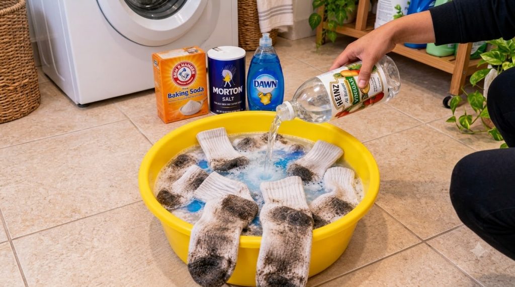 Una mano vierte vinagre blanco en un recipiente amarillo con calcetines sucios remojándose en agua espumosa azulada con
