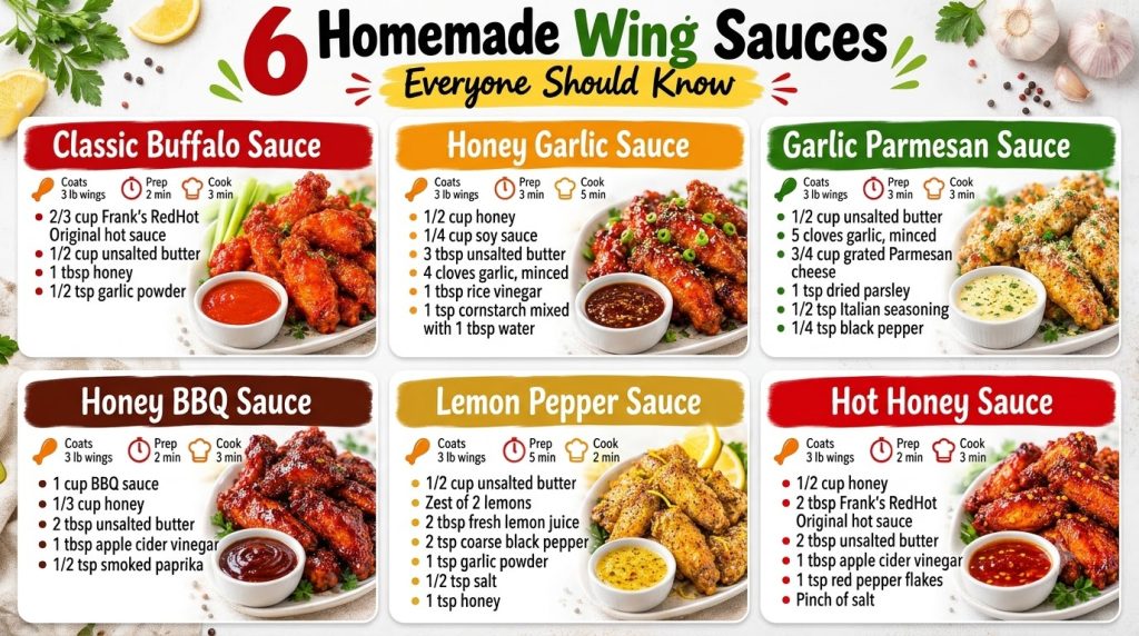A vibrant infographic displaying six different homemade wing sauces each with glazed chicken wings a small bowl of sauce
