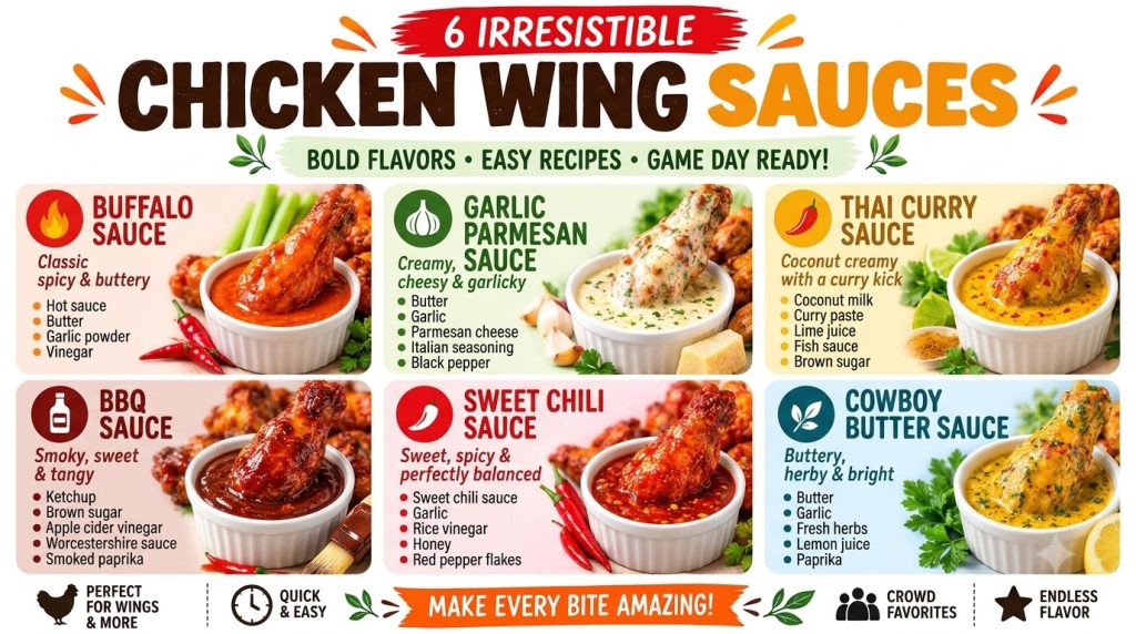 An infographic displaying six distinct chicken wing sauces each with a chicken drumette dipped in a white ramekin Surrou