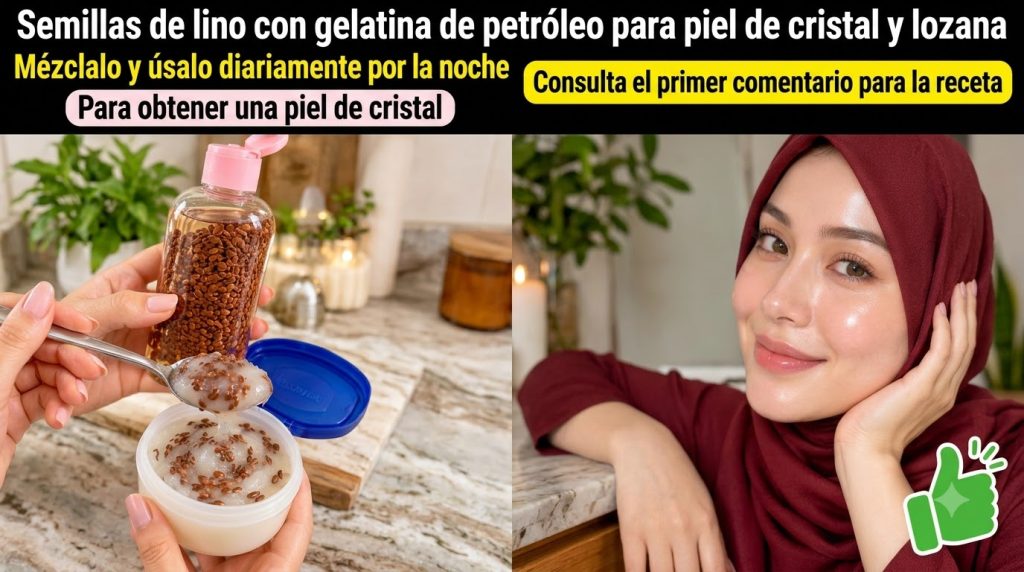 A collage showing hands preparing flaxseed gel with vaseline on the left and a woman with smooth radiant glass-like skin