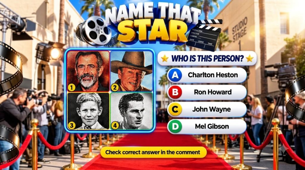 A movie-themed quiz interface against a Hollywood backdrop featuring four celebrity portraits Mel Gibson John Wayne Ron