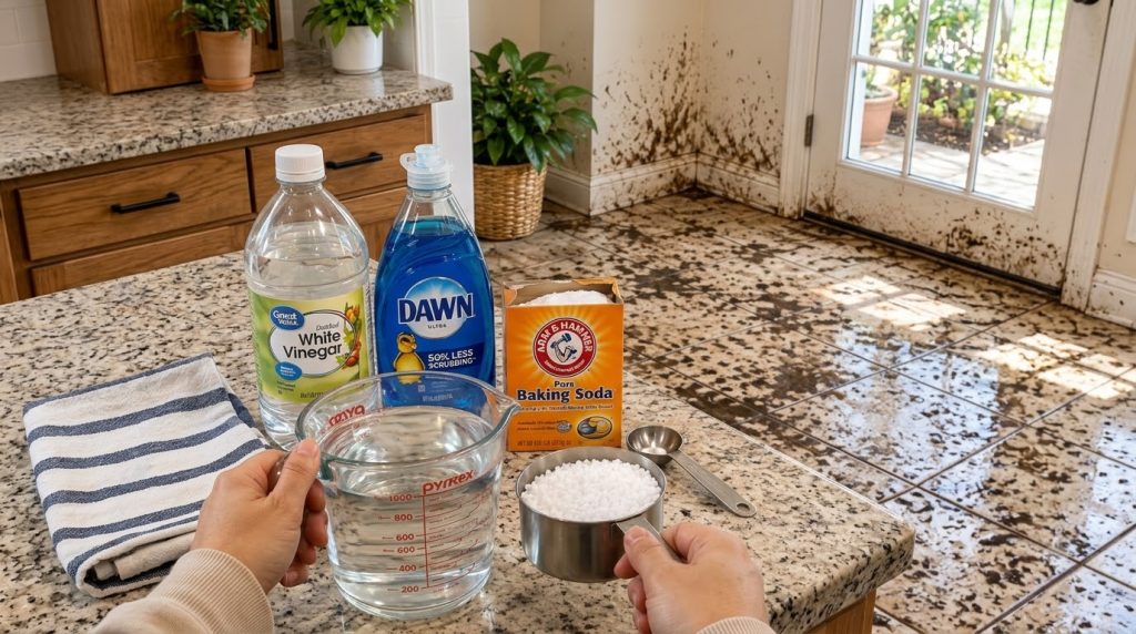 Two hands preparing the cleaning solution on a granite countertop showing white vinegar dish soap baking soda and water 