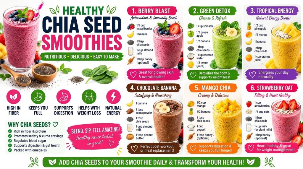 An infographic displaying six different healthy chia seed smoothie recipes each with ingredients a hero image of the smo