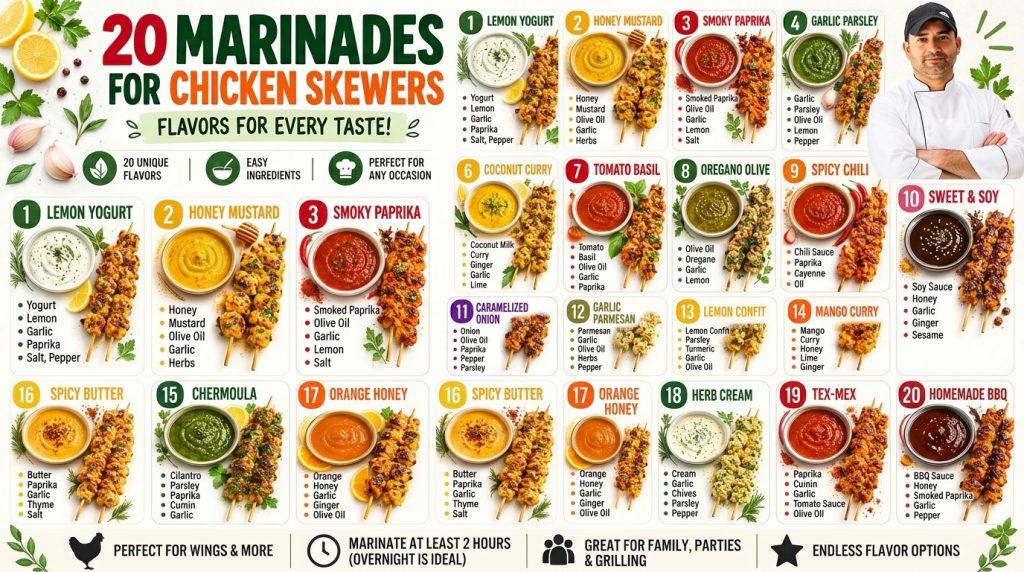 An organized infographic showcasing 20 Marinades for Chicken Skewers with a chef illustration 20 distinct marinade bowls