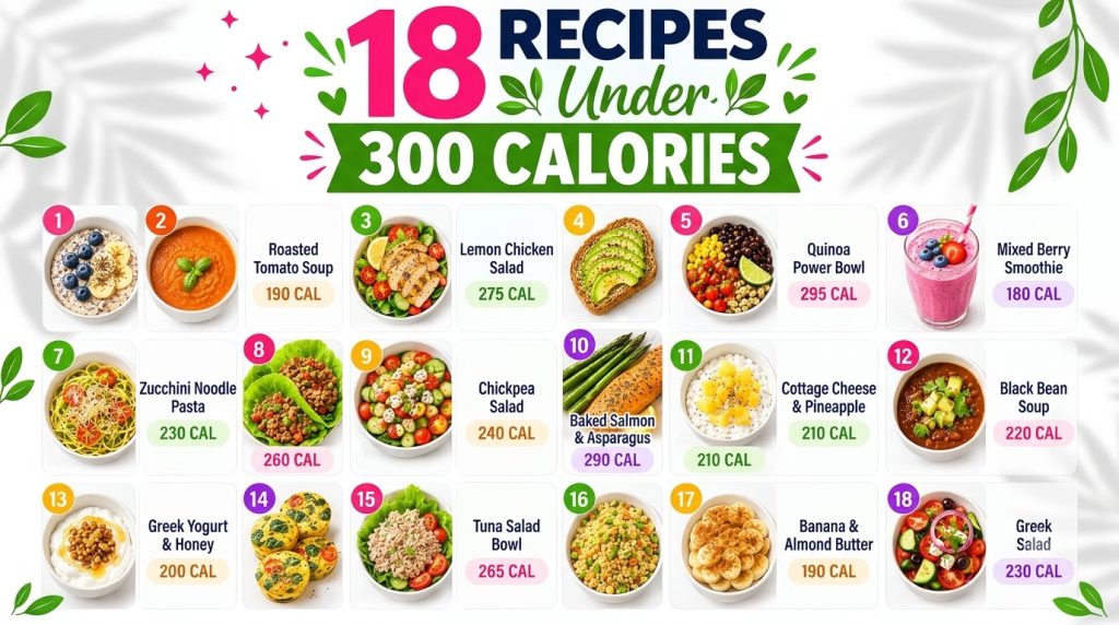 A vibrant organized grid showing 18 distinct healthy food recipes each under 300 calories with fresh ingredients like fr