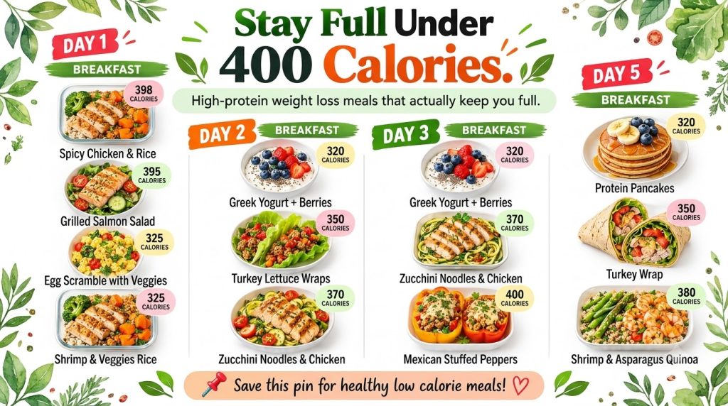 An infographic showing high-protein low-calorie breakfast options for different days of the week featuring meals like eg