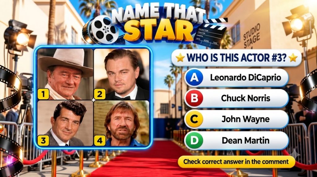 A Name That Star quiz interface with a Hollywood theme featuring headshots of John Wayne Leonardo DiCaprio Dean Martin a