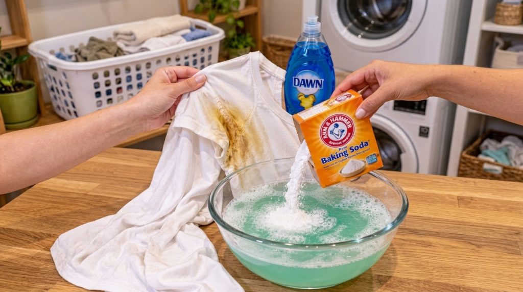 A close-up of hands pouring baking soda from a box into a glass bowl containing a bubbly green liquid with a stained whi