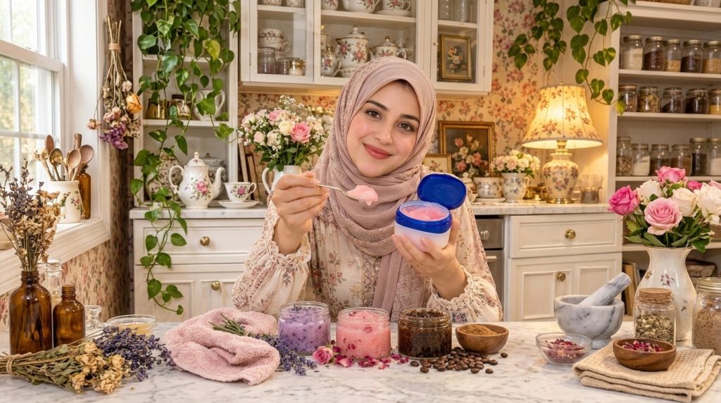 A young woman with a friendly smile holding an open jar of pink Vaseline and a spoon with the product In the foreground