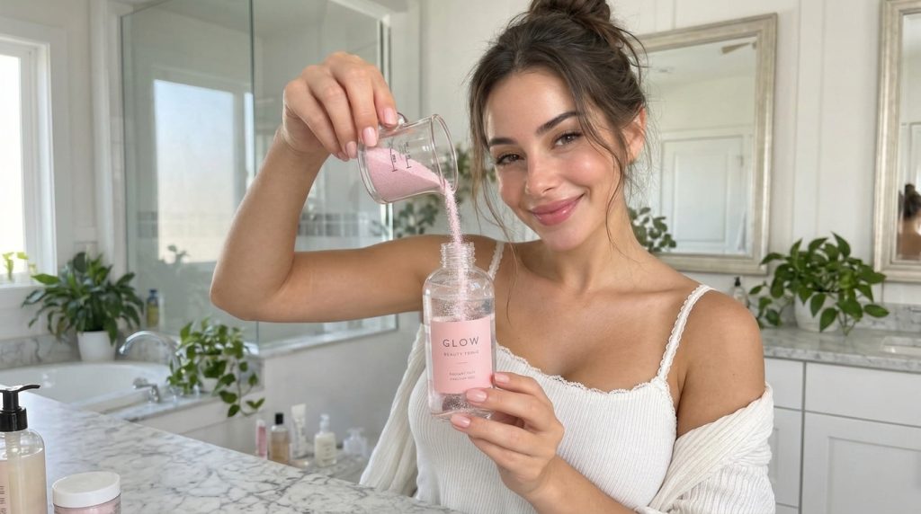 A young woman smiling demonstrating a DIY beauty tip She is pouring a fine light pink powder from a small clear measurin