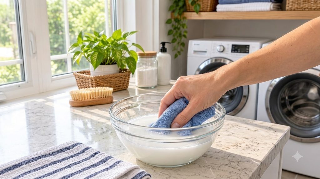 A hand dipping a blue microfiber cloth into a clear glass bowl filled with a white liquid cornstarch solution in a brigh