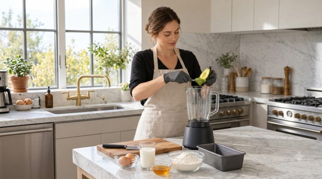 Slices of moist healthy avocado loaf bread on a cutting board with whole avocados in the background