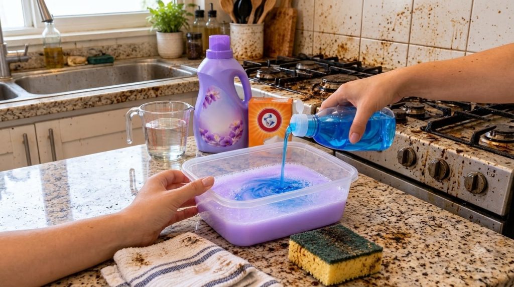 Hands pouring blue dish soap into a purple liquid in a clear container creating bubbles with a dirty kitchen stove and c