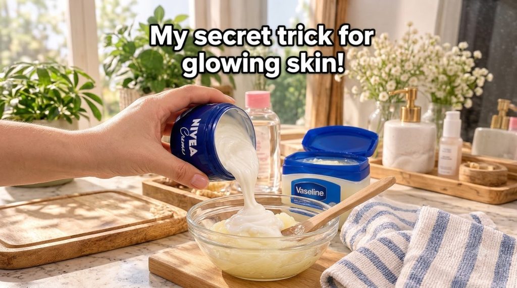 A close-up of hands mixing natural ingredients in a bowl for a homemade face mask with a blurred background of natural l