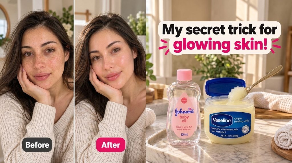 A Before and After split image of a woman s face showing natural skin with freckles on the Before side and radiant smoot
