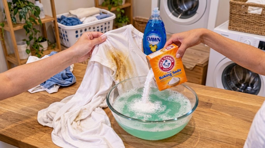 A hand pouring white baking soda into a bowl with a bubbly greenish liquid and blue dish soap bottle in the background p