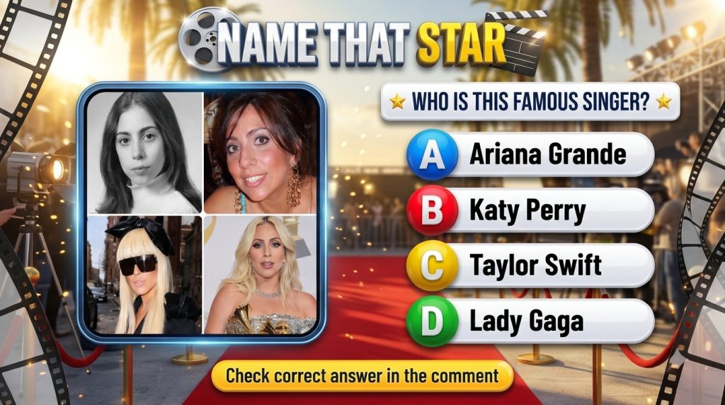 A mobile quiz game interface titled Name That Star showing a 2x2 grid of Lady Gaga s evolution from high school to pop s