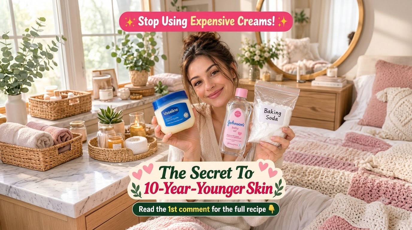 A smiling woman holding Vaseline Johnson s Baby Oil and Baking Soda against a softly blurred indoor background with gree