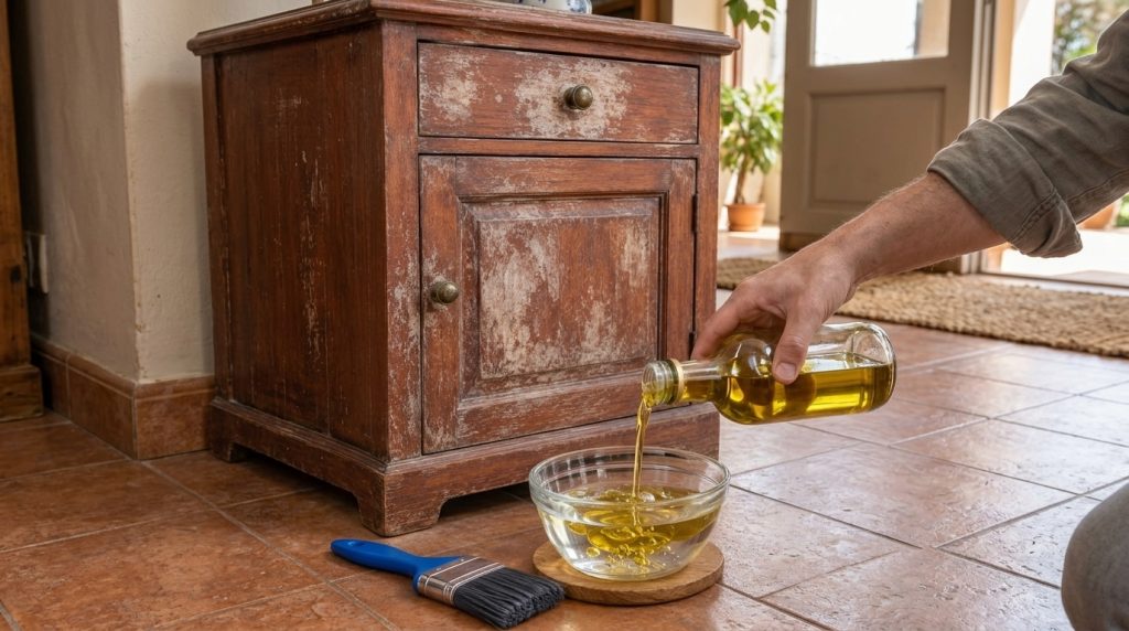 Hand pouring olive oil into a bowl with another liquid next to a paintbrush on a tiled floor with an antique wooden cabi