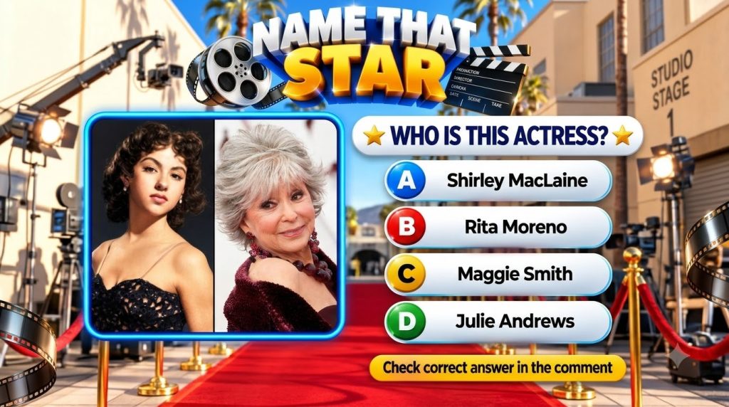 A celebrity quiz game interface showing young and old portraits of Rita Moreno side-by-side framed by a blue glowing bor