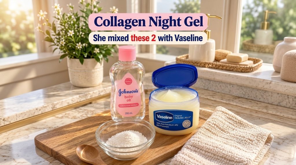 A close-up shot of Johnson s baby oil an open jar of Vaseline Original Healing Jelly and a small glass bowl of white pow