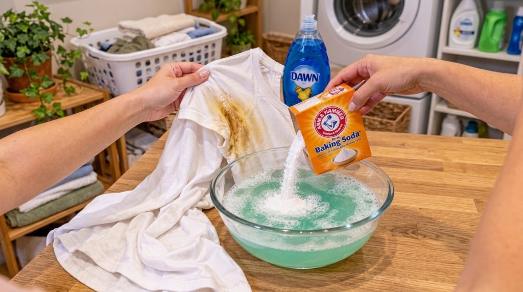 A white t-shirt with a prominent brown stain is held over a glass bowl Baking soda is being poured from its box into a g
