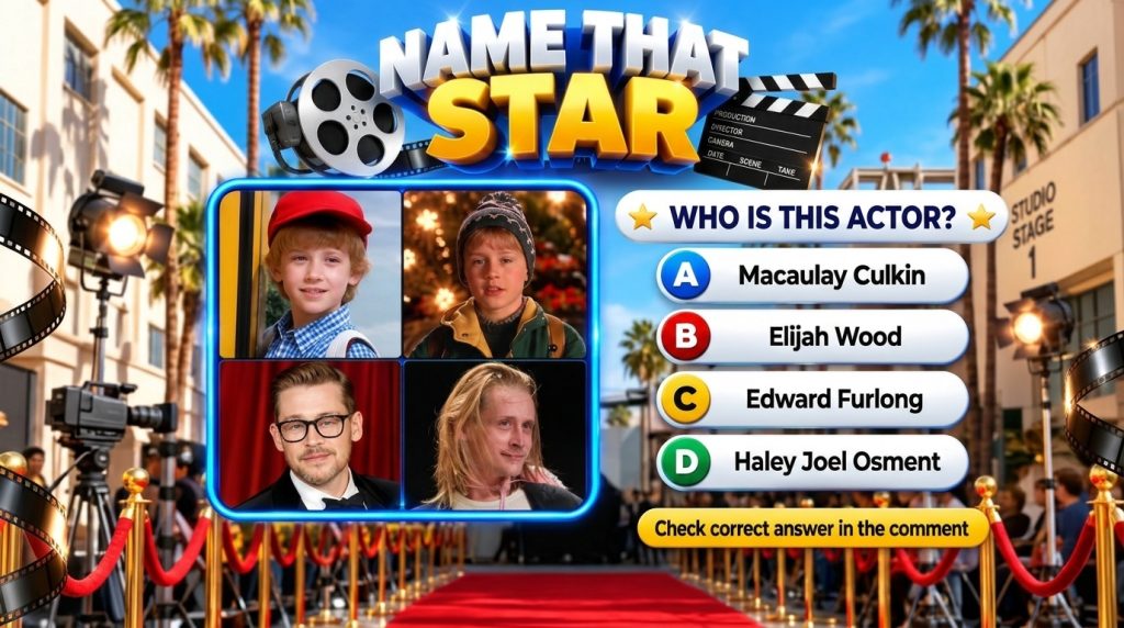 A Name That Star quiz game interface featuring four framed photos of Macaulay Culkin from childhood to adulthood against
