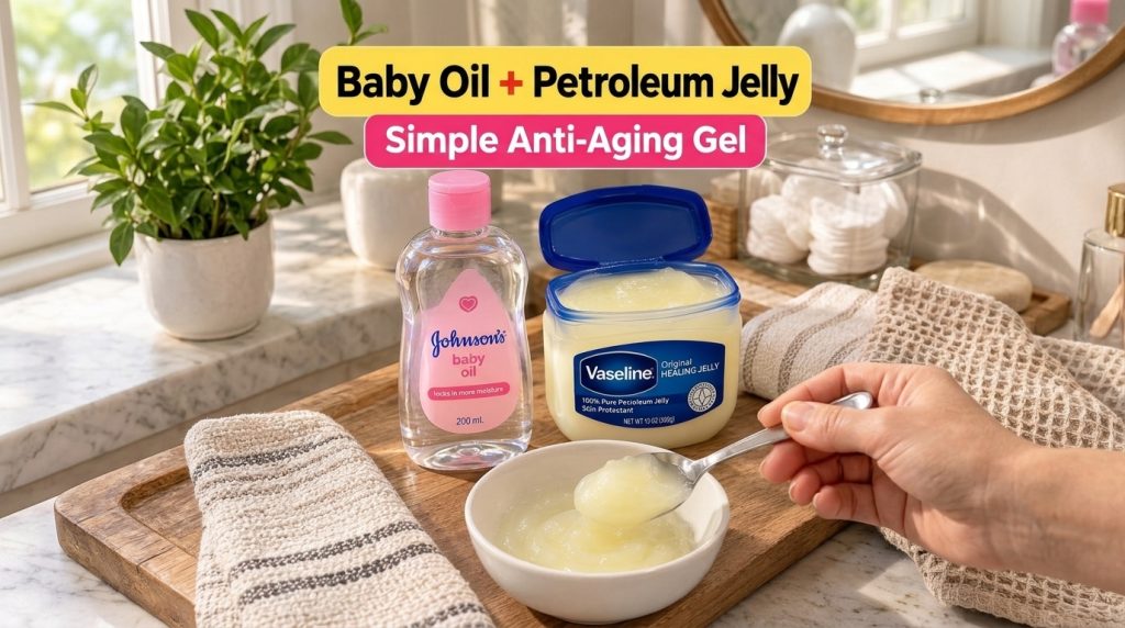 A small white bowl containing a mixed gel of baby oil and petroleum jelly with a spoon scooping some up Johnson s baby o