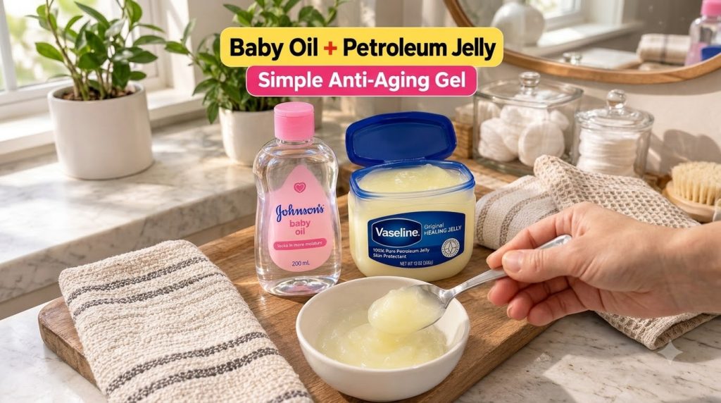 A close-up of Johnson s baby oil an open tub of Vaseline and a white bowl with a yellowish gel A hand holds a spoon scoo