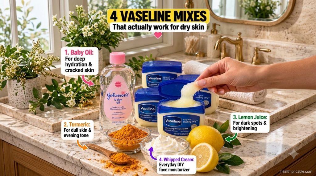 A hand scooping Vaseline from a tub surrounded by bowls of turmeric powder whipped cream a bottle of baby oil and fresh