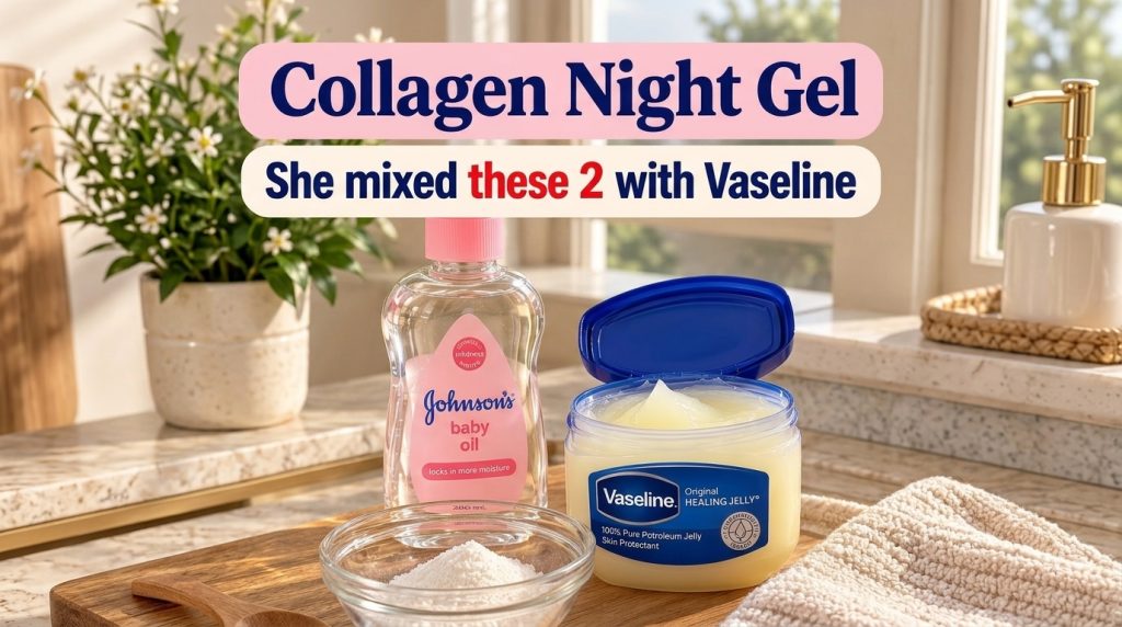 Three beauty products Johnson s baby oil bottle open Vaseline jar and a small bowl of collagen powder arranged on a wood