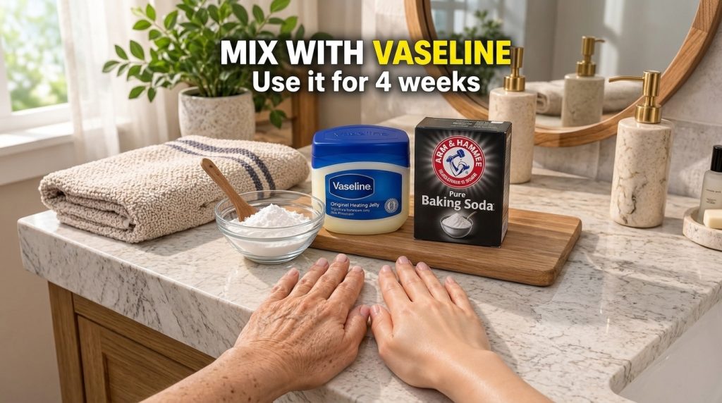 Two hands one visibly older and one younger placed on a countertop with Vaseline and baking soda nearby suggesting a bef