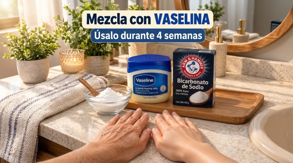 Two hands one aged and one youthful on a light countertop next to a jar of Vaseline a box of baking soda and a bowl of w