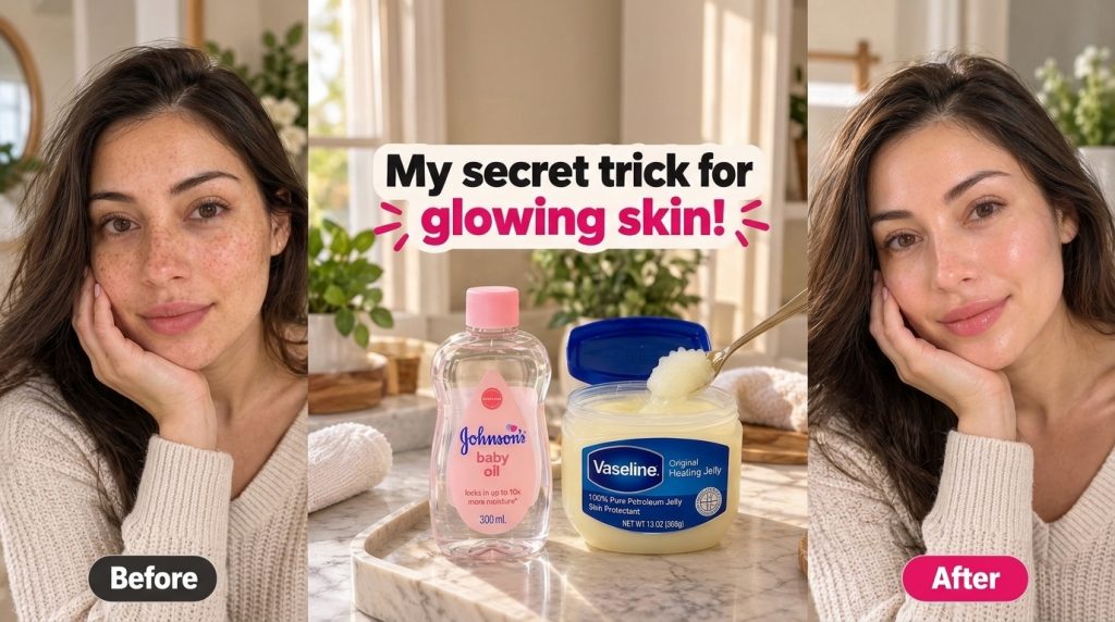 A vertical split Before and After comparison of a woman s face showing improved skin with Johnson s Baby Oil and Vaselin