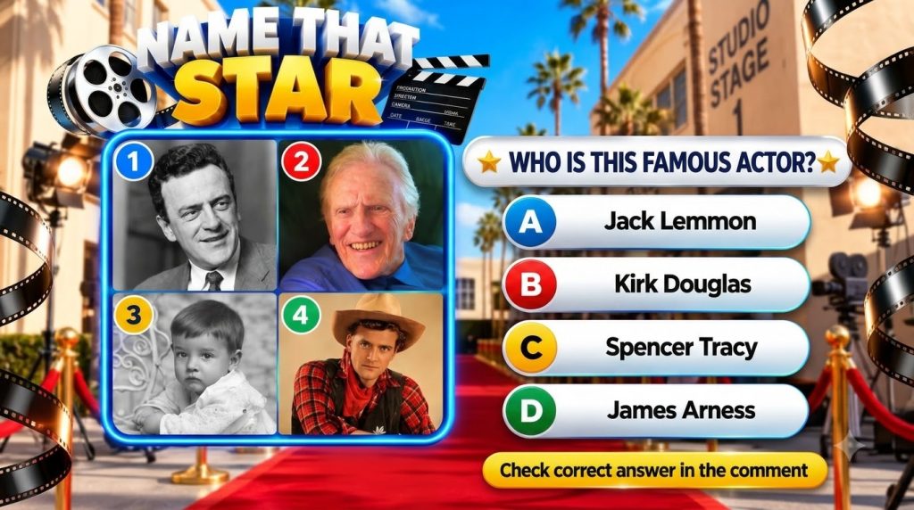 A Name That Star quiz featuring four portraits of James Arness at different life stages with a Hollywood red carpet and 