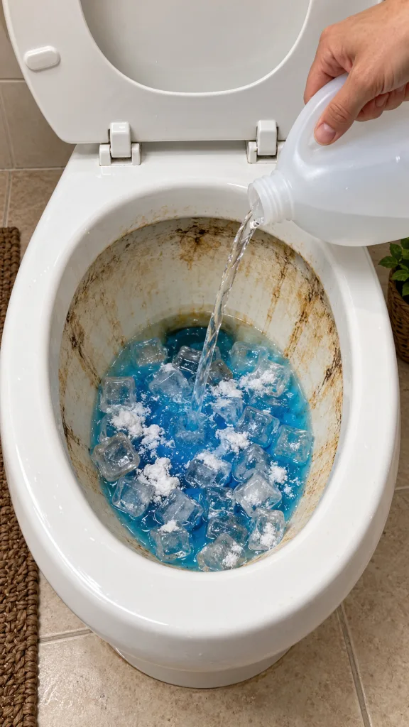 Una mano vertiendo vinagre blanco en un inodoro sucio con hielo jabón líquido azul y bicarbonato de sodio en el agua Vis