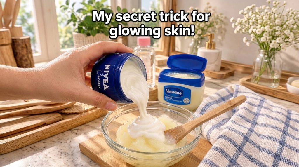 A hand pouring thick white cream from a blue Nivea Creme jar into a glass bowl with a yellowish gel suggesting a mixing 