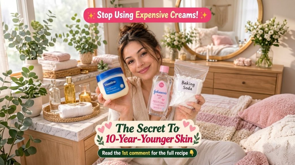 A smiling young woman holding a tub of Vaseline a bottle of baby oil and a bag of baking soda presented as secrets to yo