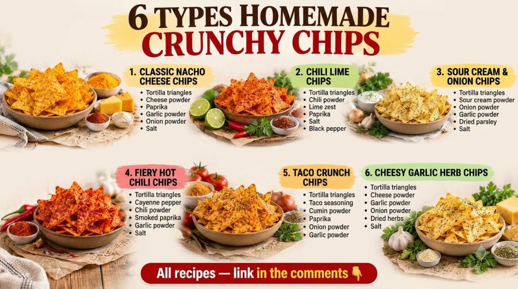 A flat lay of six bowls of homemade tortilla chips each surrounded by the specific ingredients for its flavor such as li