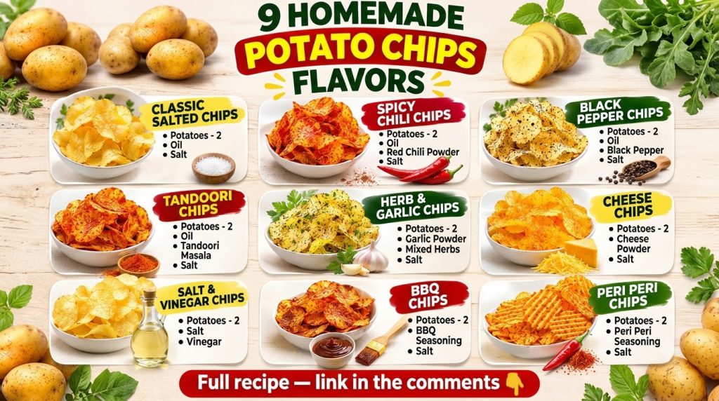 An infographic showing 9 different homemade potato chip flavors each in a separate section with ingredients like potatoe