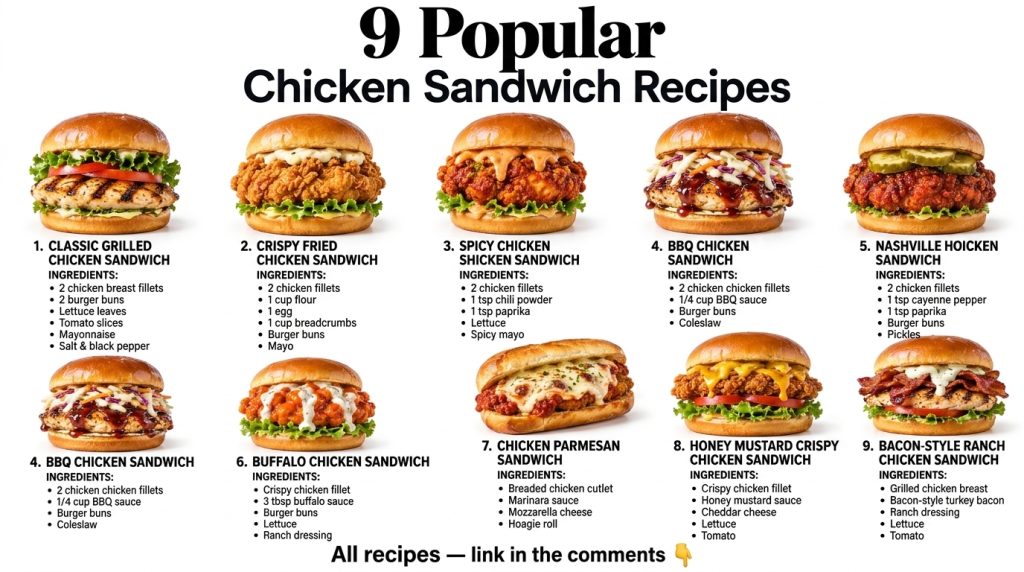A grid of nine different appetizing chicken sandwiches each with various toppings and buns brightly lit on a clean white