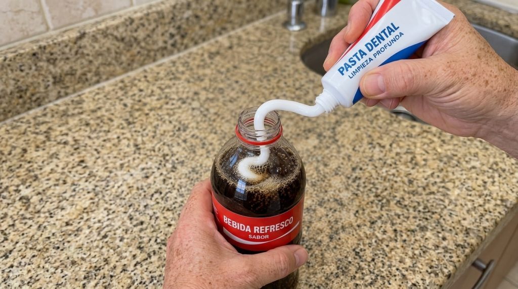 Hands squeezing white toothpaste into an open bottle of dark cola on a blurred kitchen counter