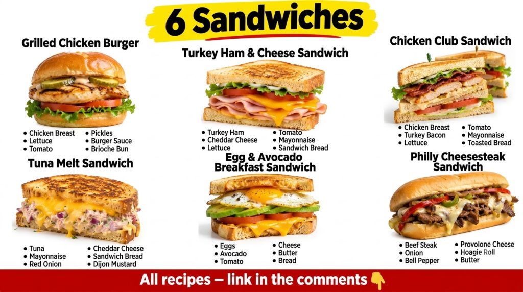 A top-down grid view of six different beautifully arranged sandwiches on various types of bread each looking fresh and a