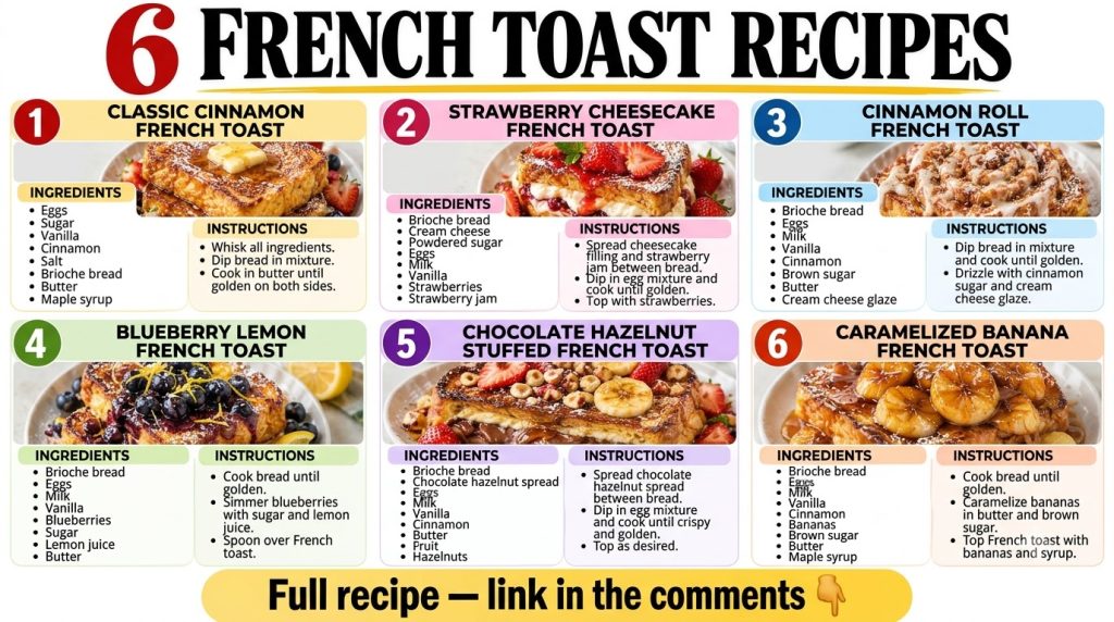 A vibrant collage of six different French toast dishes with various toppings like berries caramelized bananas chocolate 